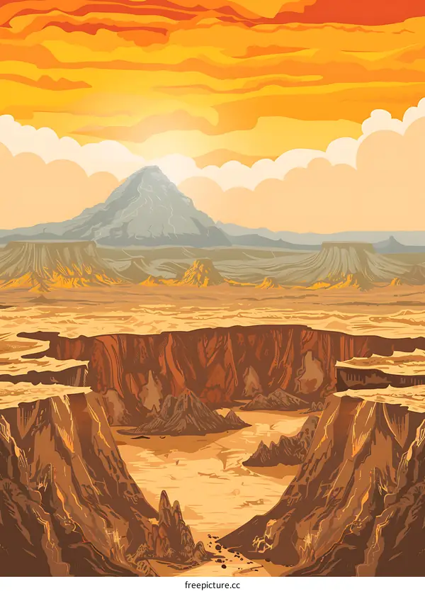 Mountain Landscape Illustration with Sunset Sky