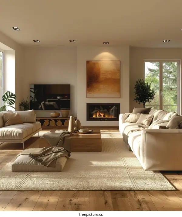 Elegant Modern Minimalist Living Room with Sofa, Fireplace and TV