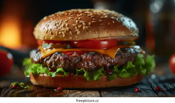 Close-up of a delicious cheeseburger with lettuce, tomato, and onion