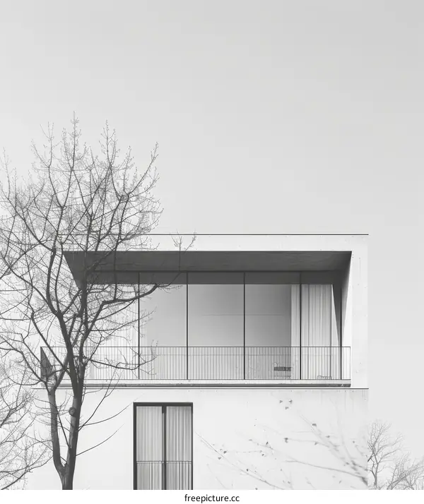 Modern house exterior with balcony and tree