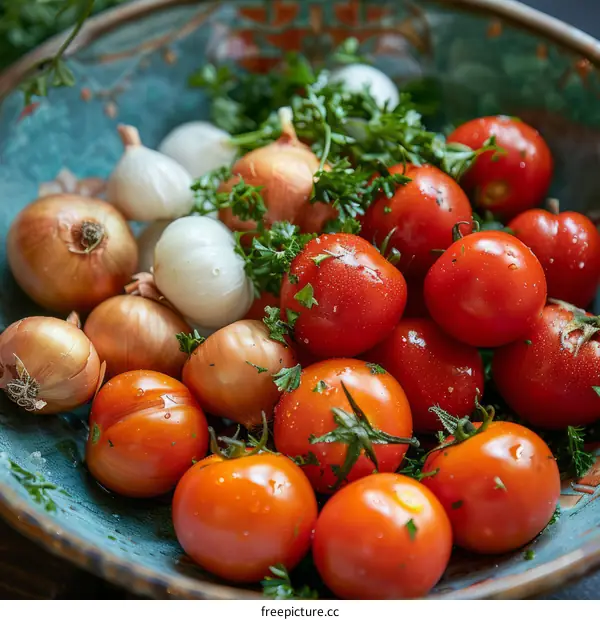 A bowl of tomatoes, onions, and garlic