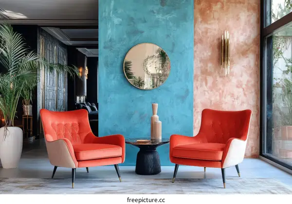 Modern Living Room with Two Coral Velvet Armchairs