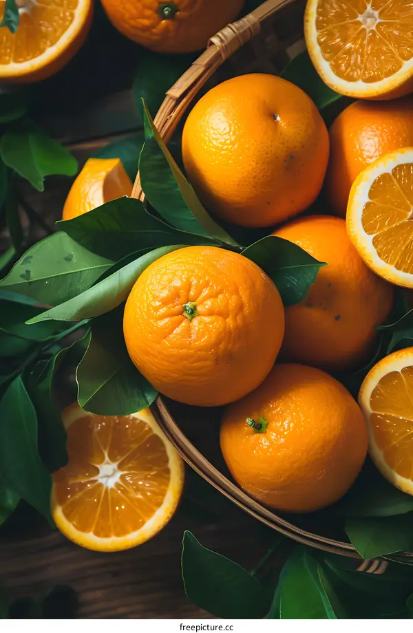 Fresh Oranges in a Basket with Green Leaves