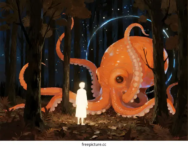 A Surreal Forest Encounter with a Giant Orange Octopus and a Standing Figure