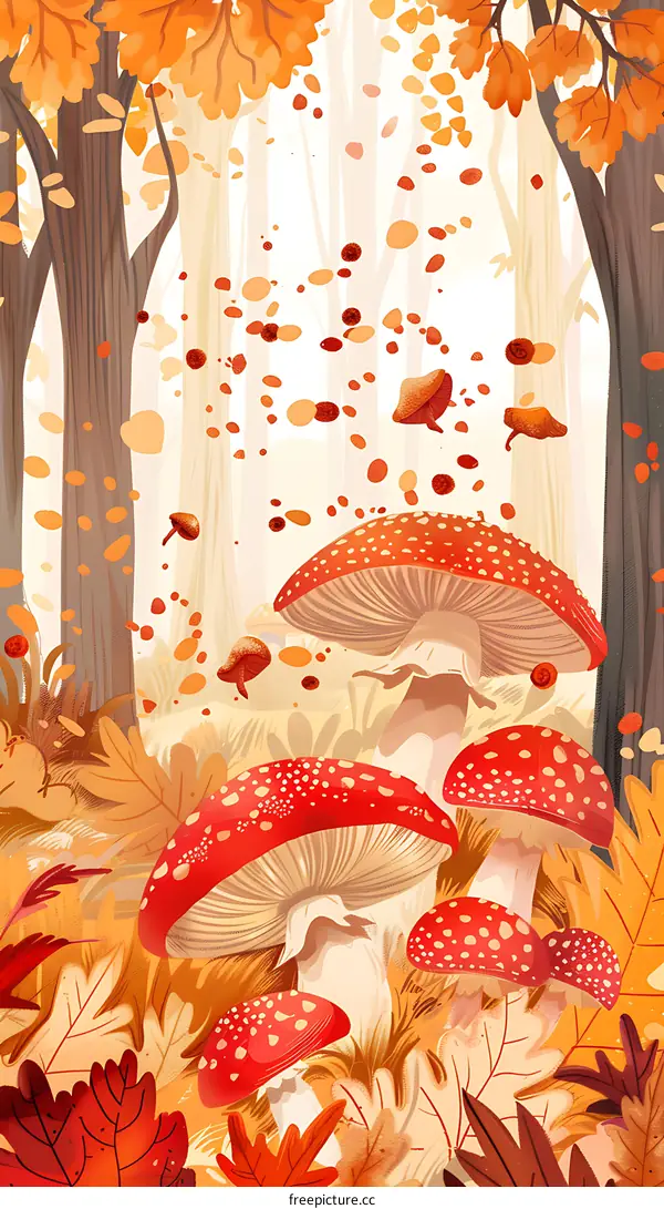 Autumn Forest Illustration With Red Mushrooms