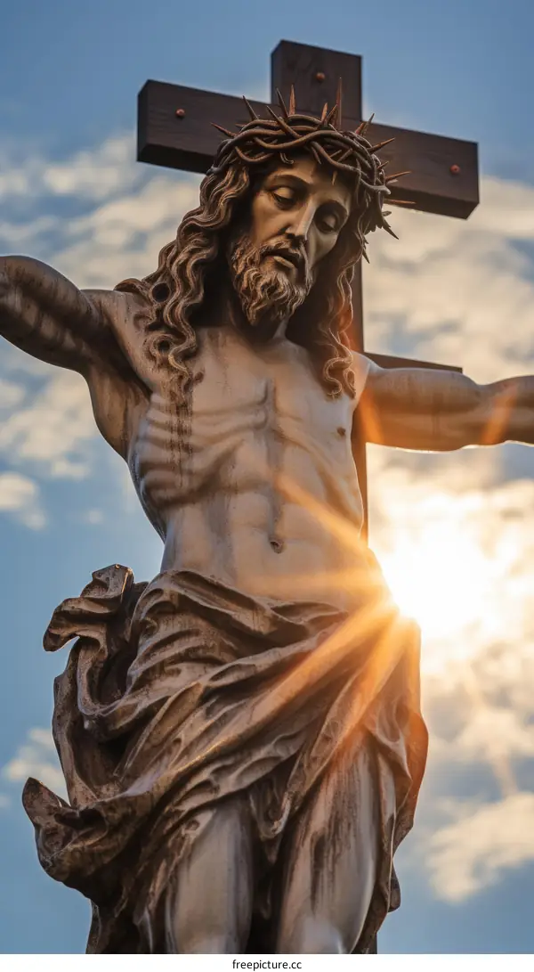 Jesus Christ on the cross with sun rays from behind