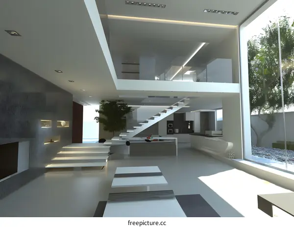 Modern House Interior Design With Staircase and Garden View