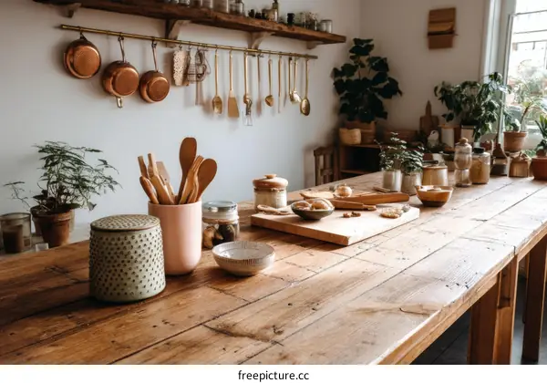 Rustic Kitchen Interior with Wooden Table