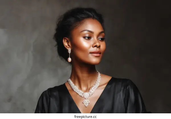 African Woman in Elegant Black Dress with Jewelry