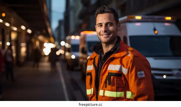 portrait of a smiling young male paramedic in an orange uniform standing in front of an ambulance