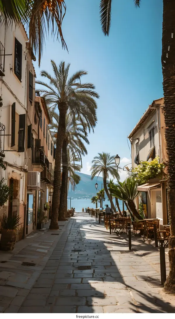Palm Tree Lined Street Leading to the Sea in a Mediterranean Town