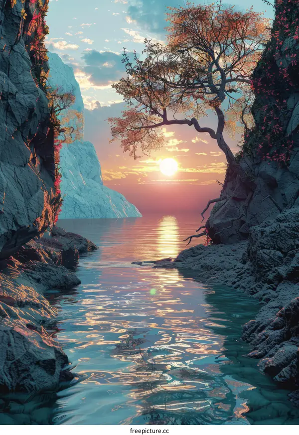 fantasy landscape with a tree and a mountain in the background