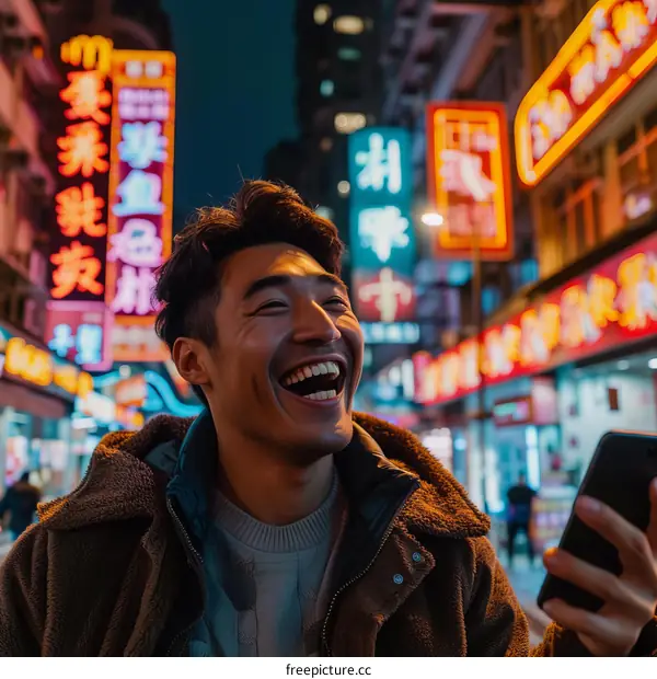 A young Asian man is laughing while looking at his phone in a busy street with neon lights.