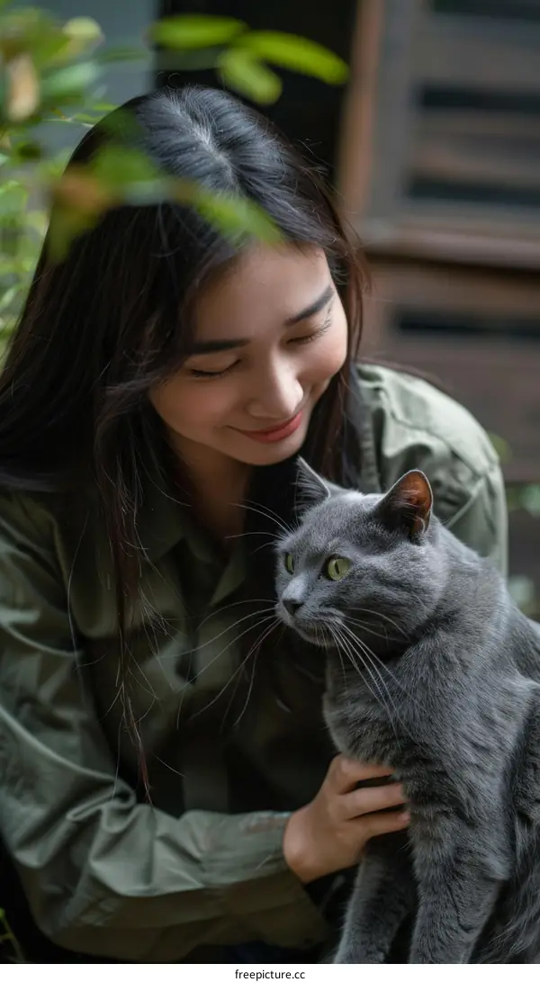 A young woman is petting a gray cat