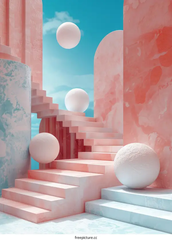 Surreal Pastel Staircase with Floating Spheres