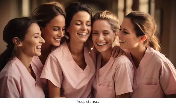 A group of five female nurses in pink scrubs are laughing and hugging.