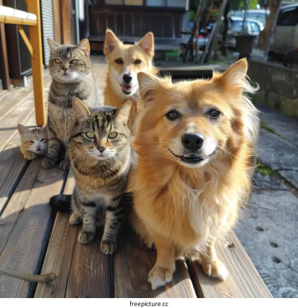 A tabby cat, a calico cat, and two dogs on a wooden porch