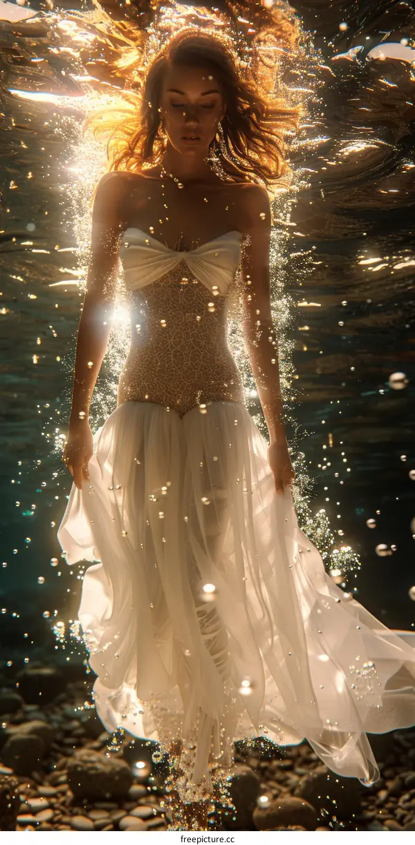 Underwater photoshoot of a woman wearing a white dress