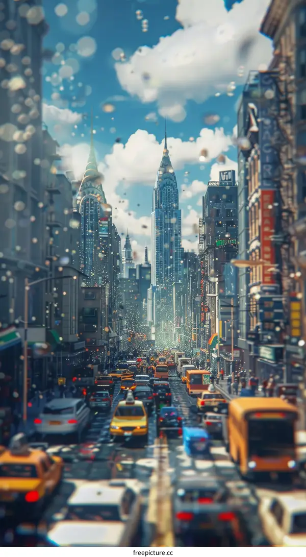 New York City Street Scene with Cars and Skyscrapers