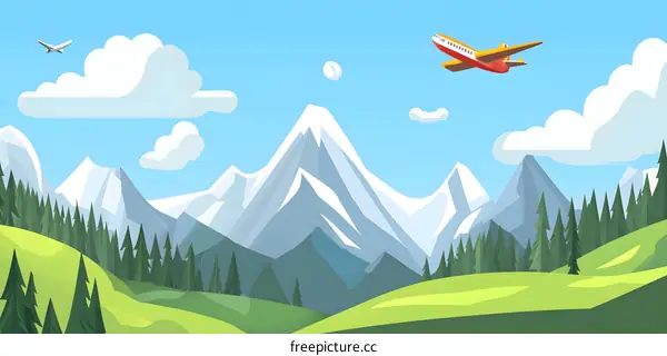 Cartoon Illustration of Mountains and Airplane in Blue Sky