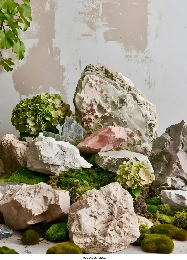Green Mossy Rocks and Plants with Neutral Wall Background