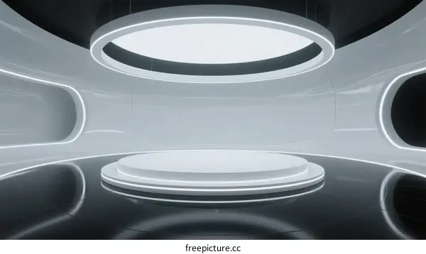 Modern Circular Stage with Glowing Neon Lights in Abstract Space