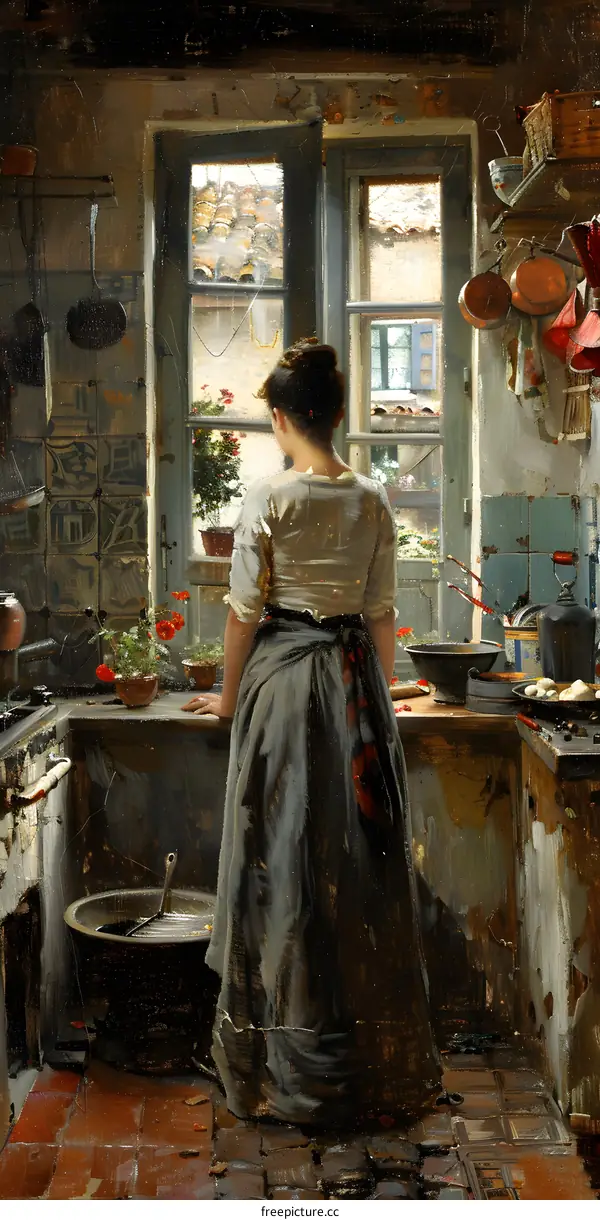 A woman standing in a kitchen looking out the window