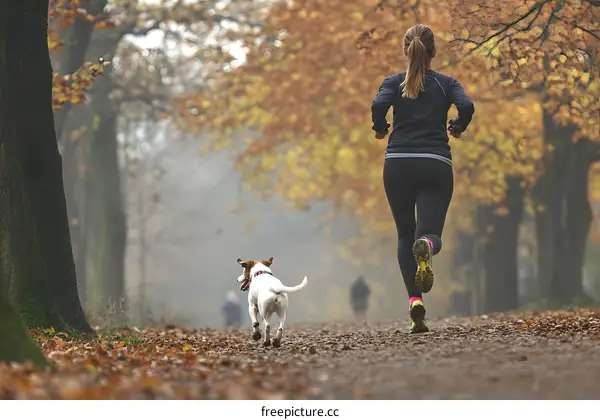 Woman Running with Dog in Autumn Forest