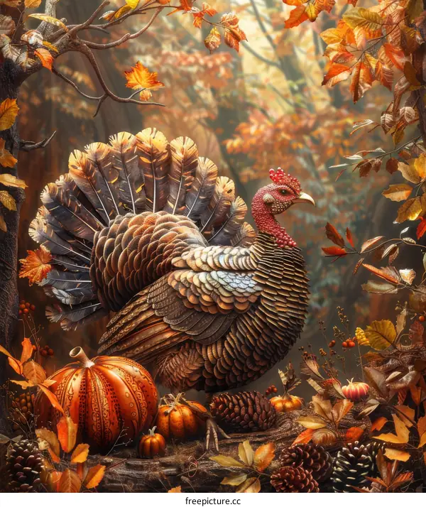 A stately turkey in a forest of autumn leaves