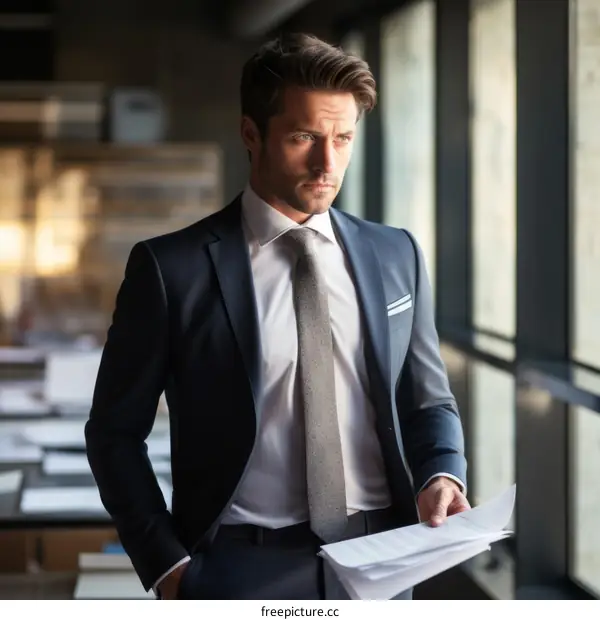 A pensive young businessman in a suit stands in an office