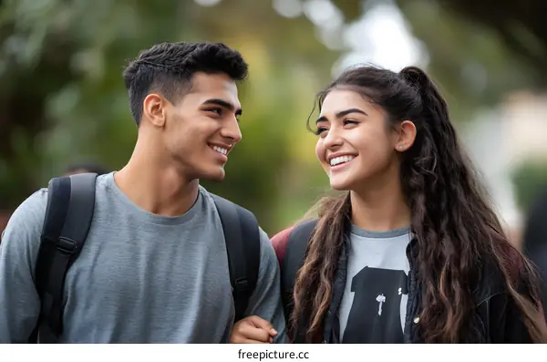 Happy Young Couple Walking Together in Park