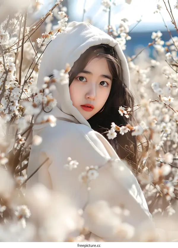 Young Asian Woman in White Hoodie Posing Among Blooming Flowers