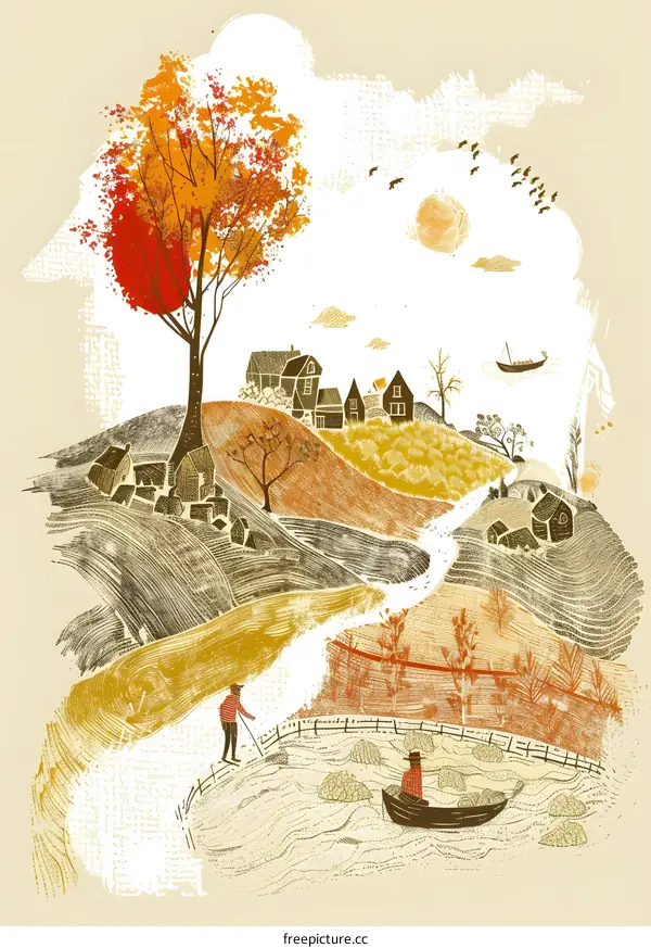 Autumn Landscape with Two People and Houses