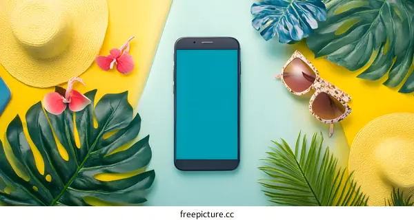 Summer Vacation Mockup with Smartphone and Tropical Leaves