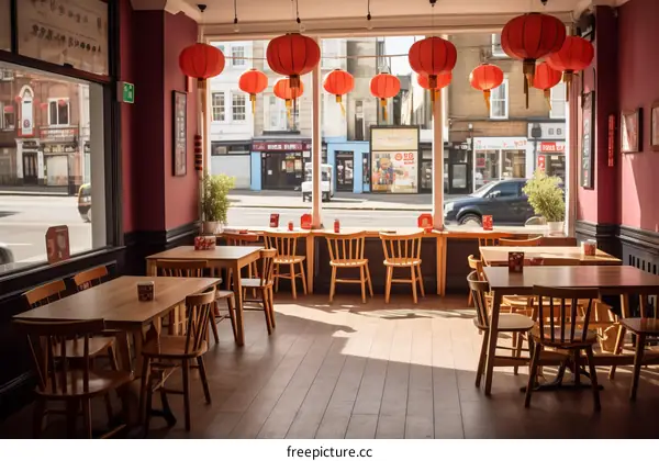 Empty Chinese restaurant with red lanterns