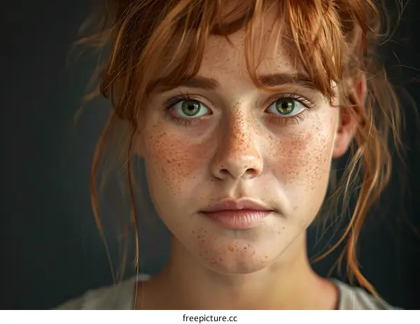 Close Up Portrait of Young Woman With Red Hair and Freckles