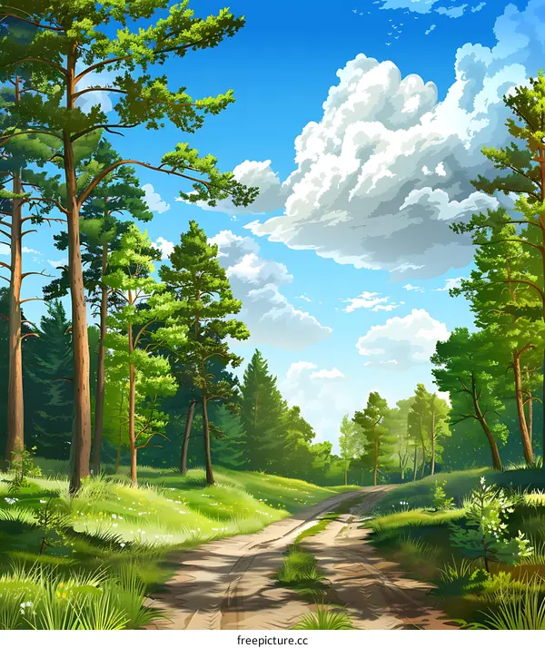 Forest Path with Green Trees and Blue Sky