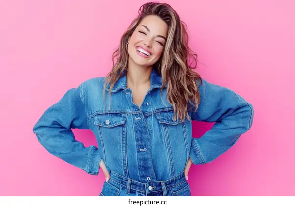 Happy Woman in Stylish Denim Jacket
