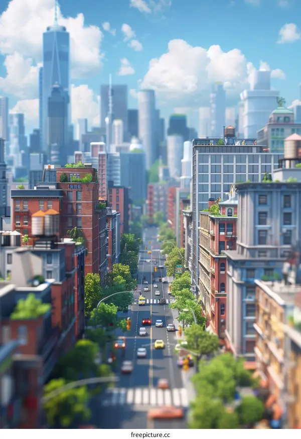 Bustling City Street with Cars and Pedestrians