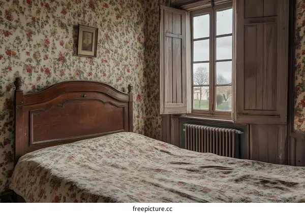 Vintage Bedroom With Floral Wallpaper And Wooden Bed
