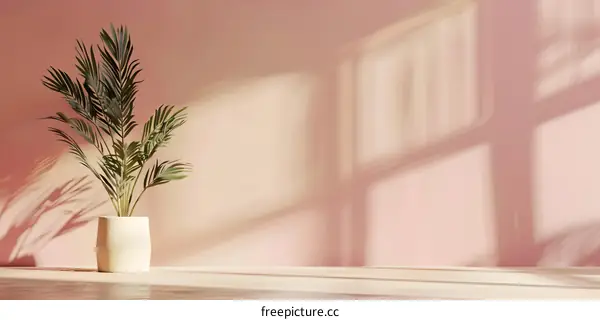 Minimalist  Pink Wall and Plant With Sunlight Shadow