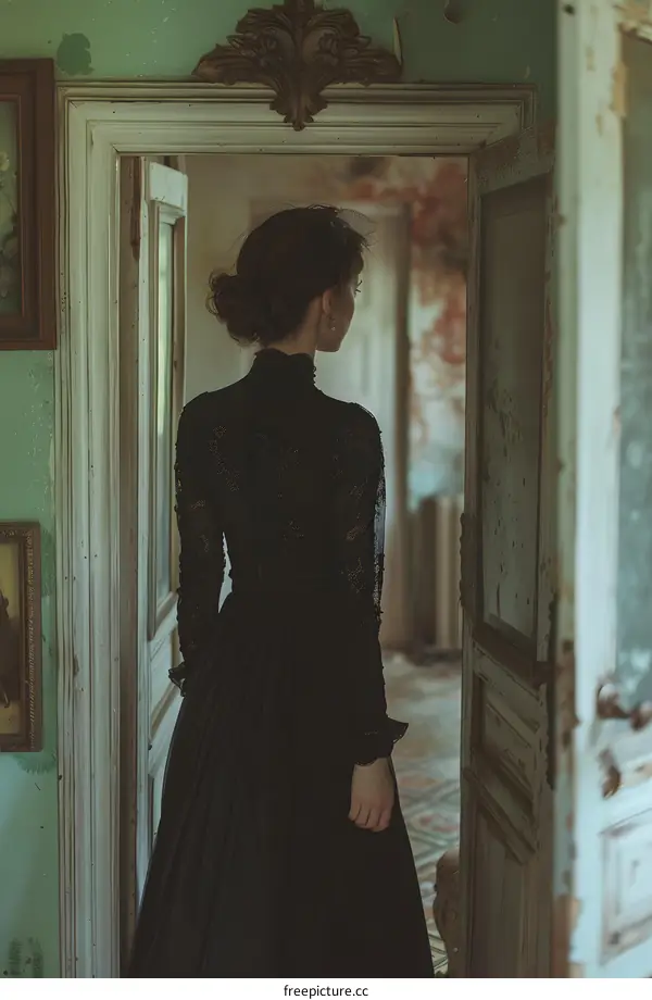 Woman in black dress standing in front of a door