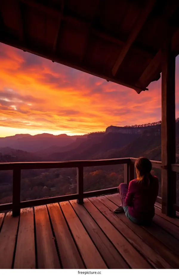 girl sitting on a porch watching the sunset over a mountain range
