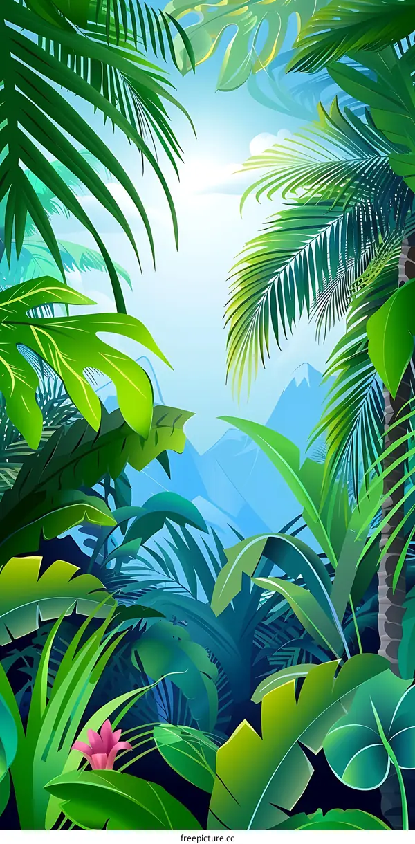 Tropical Rainforest Illustration With Lush Green Leaves And Mountains In The Background