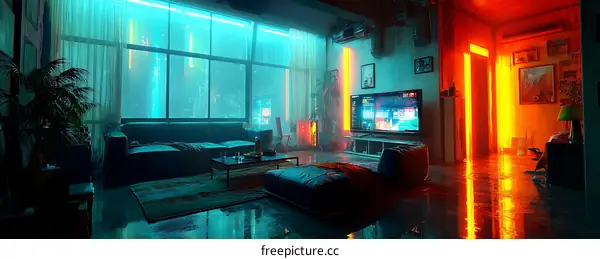 Neon Cyberpunk Living Room Interior Illustration