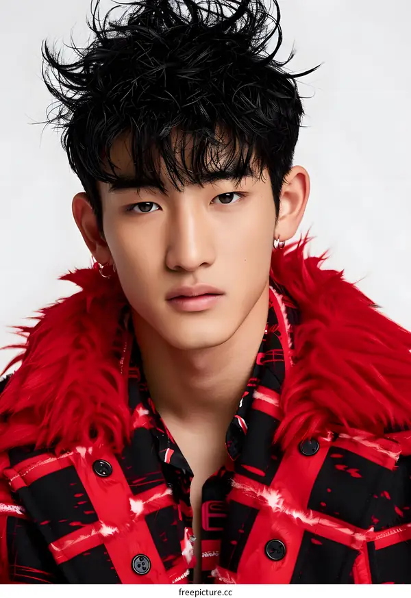 Portrait of a Young Asian Man in a Red Checkered Jacket