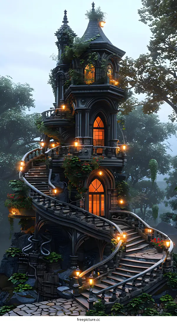fantasy castle with spiral staircase in the woods