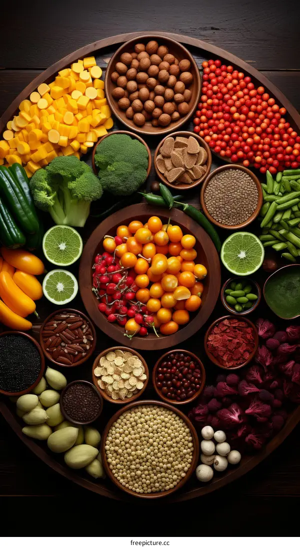 A variety of healthy food ingredients arranged in a circle on a wooden table