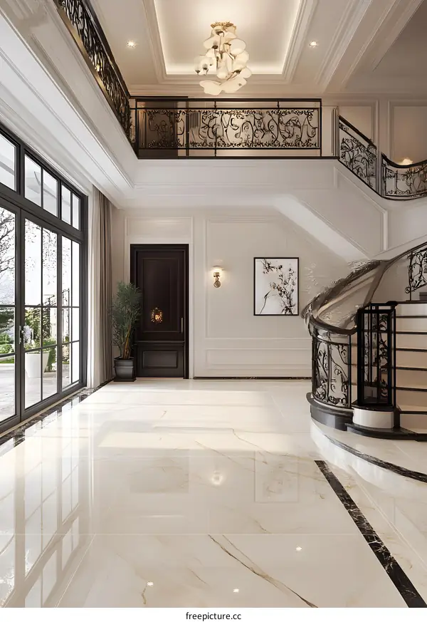 White Marble Floor With Black and White Pattern Stairs In Modern House