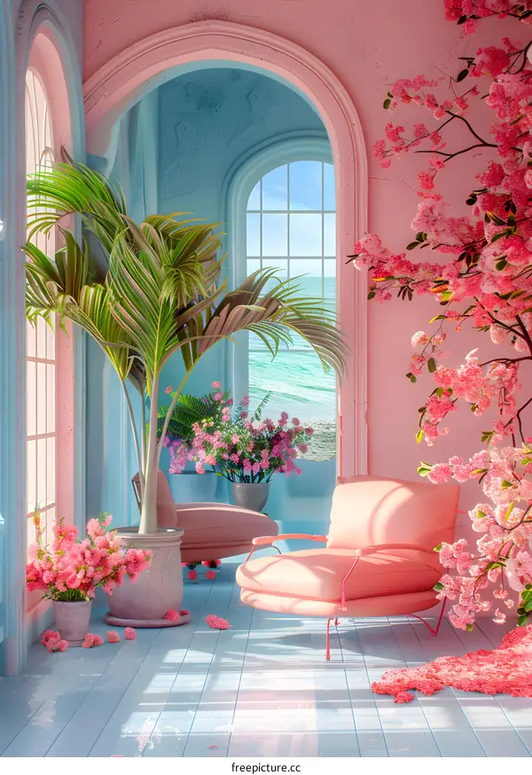 A pink and blue room with a large window overlooking the ocean. There are pink flowers and green plants in the room.